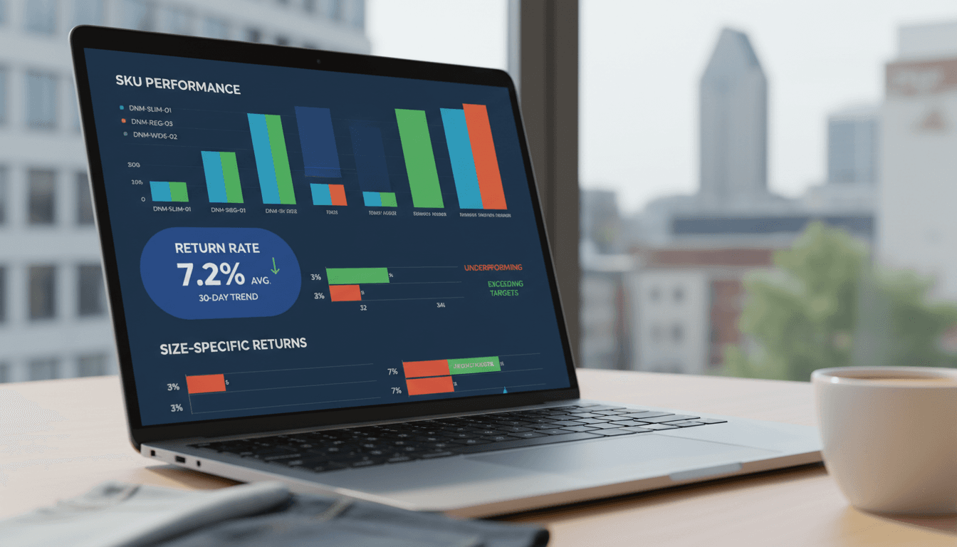 Laptop screen showing Syzr AI analytics dashboard with return rate data and SKU performance metrics