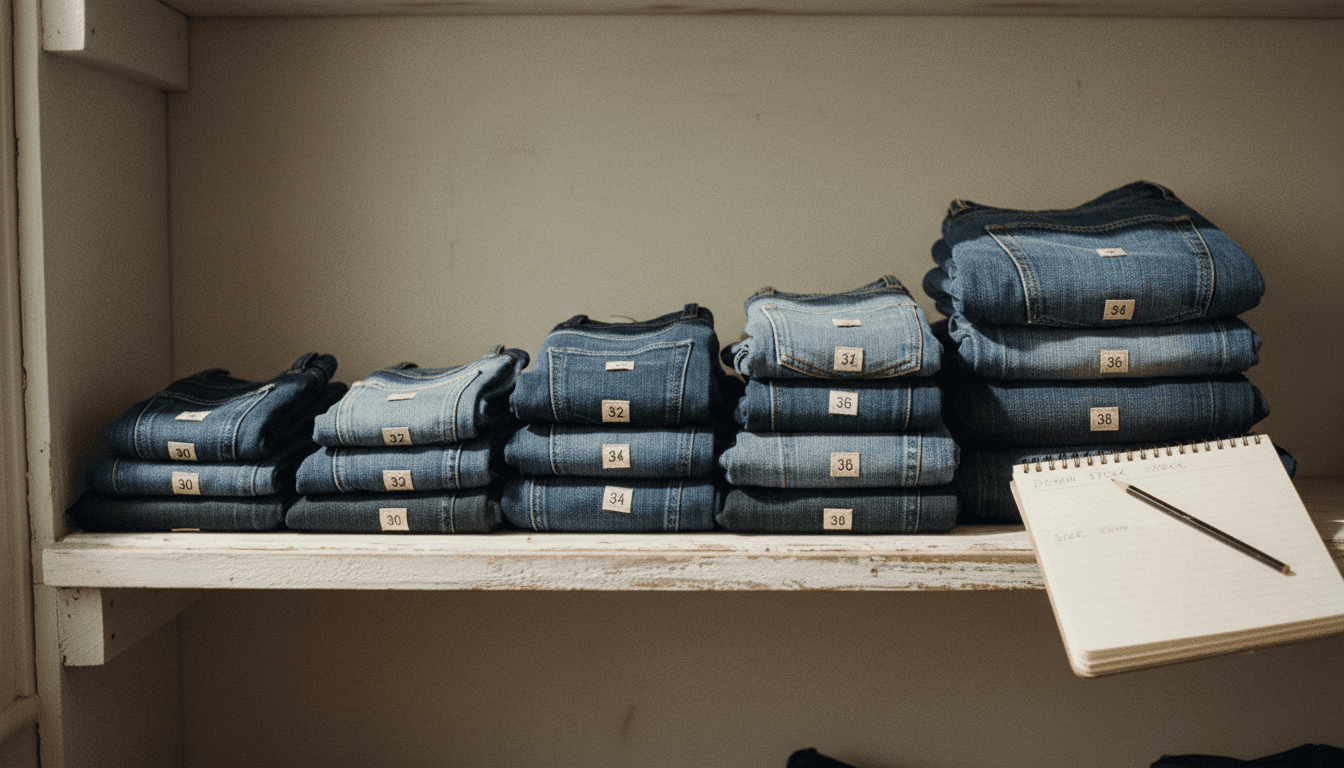 Denim jeans in various sizes arranged for fit analysis