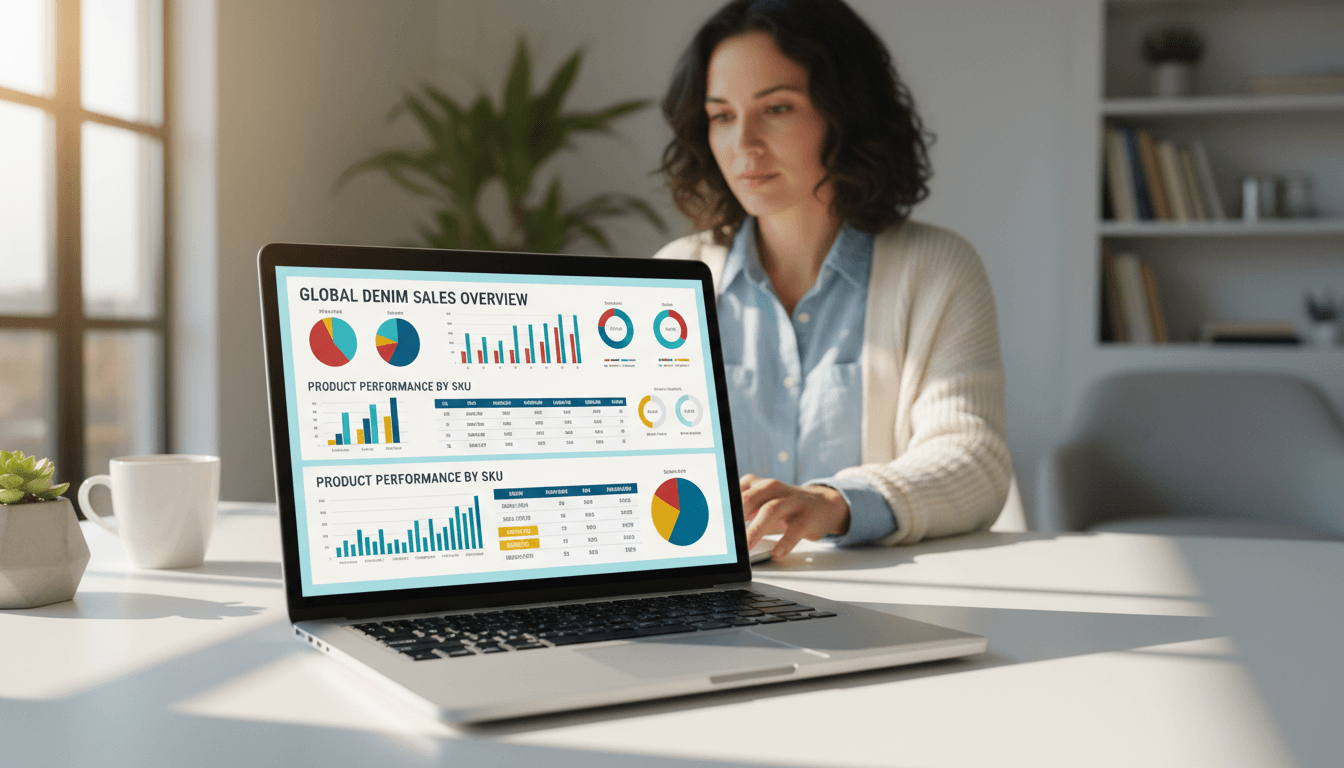 Woman analyzing denim return data on laptop dashboard